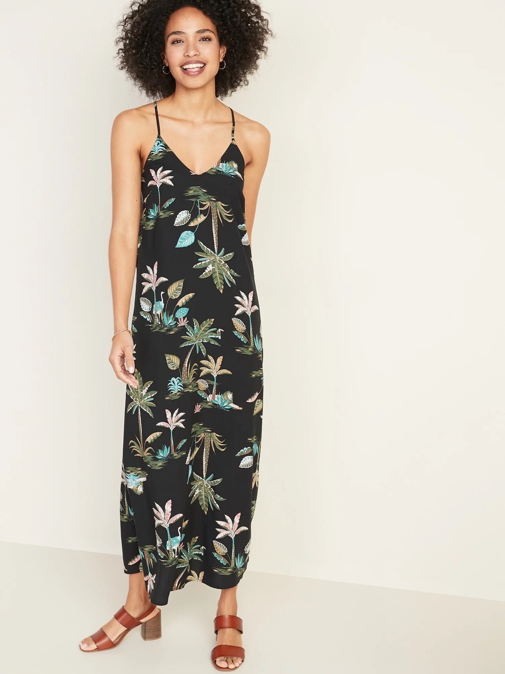 OLD NAVY Tropical Print V-Neck Maxi Dress Strappy Back Summer Vacation Beachy M